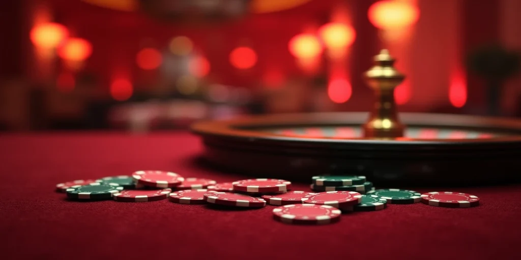 casino chips and roulette in red tons.