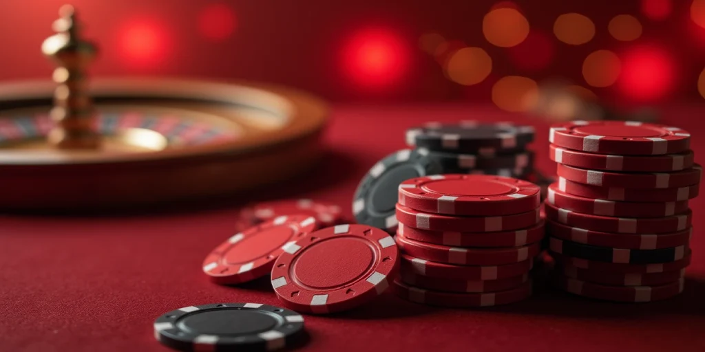 in the foreground casino chips and roulette in red tons.